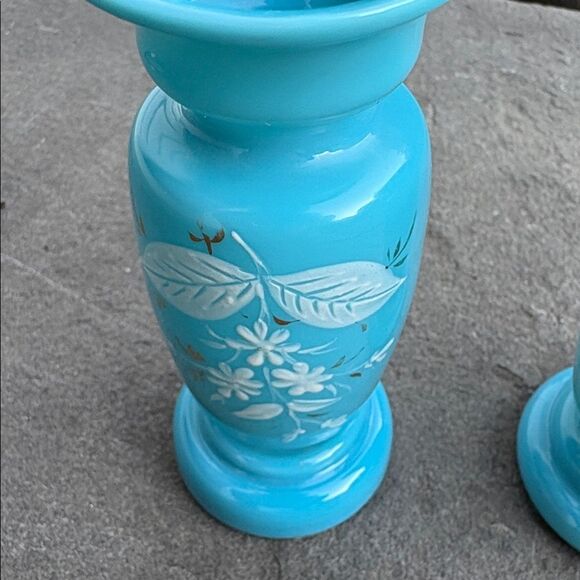 Antique blue opaline glass vases with hand-painted floral - Picture 3 of 9